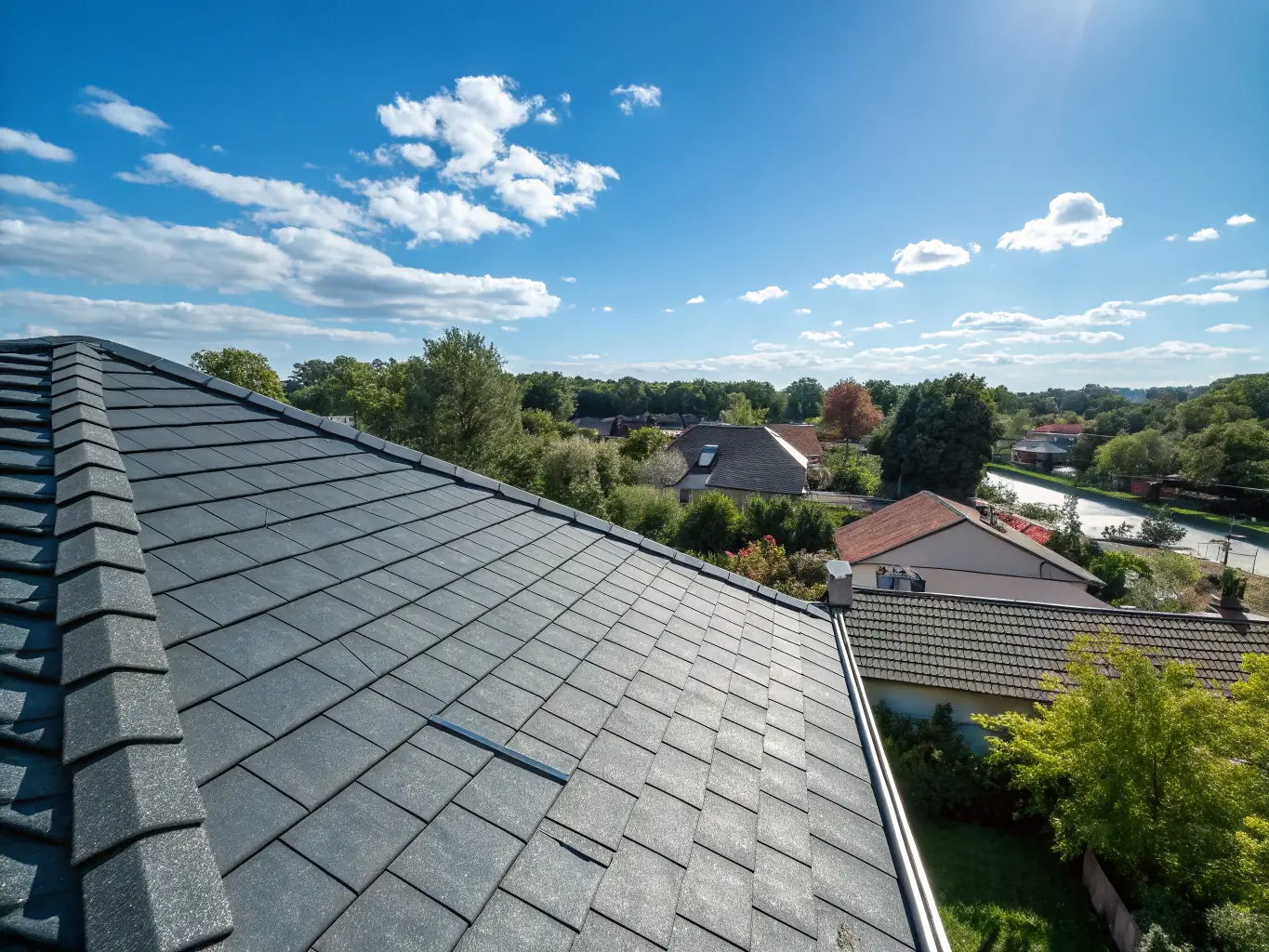 A high-angle shot of a newly installed asphalt shingle roof on a residential home, showcasing the quality and craftsmanship of C2C Properties LLC's roofing services. The image should highlight the clean lines and durable appearance of the roof.