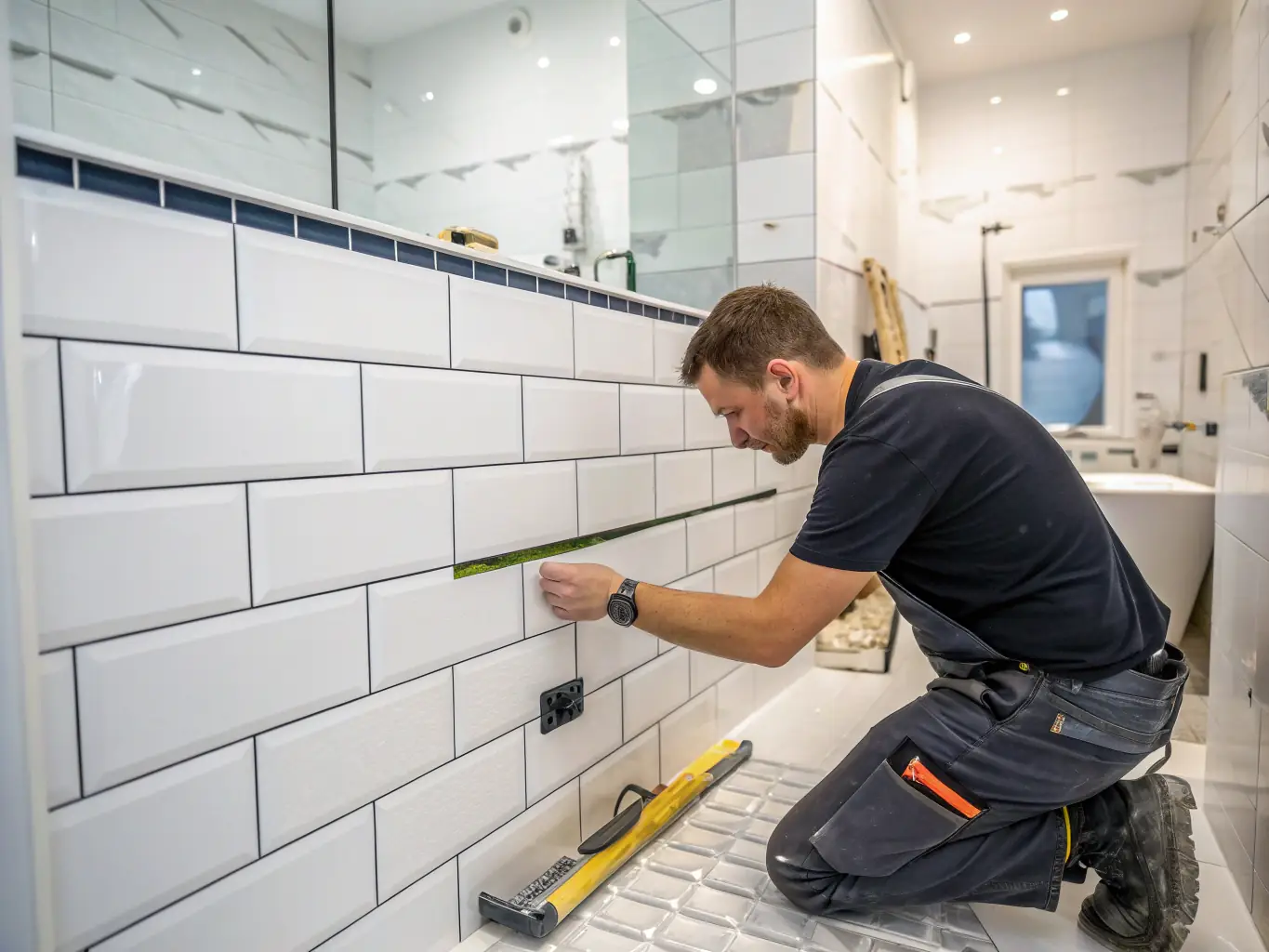 A close-up shot of a bathroom remodel in progress, showcasing the installation of new tiles and fixtures. The image should convey the attention to detail and quality of workmanship that C2C Properties LLC brings to every remodeling project.