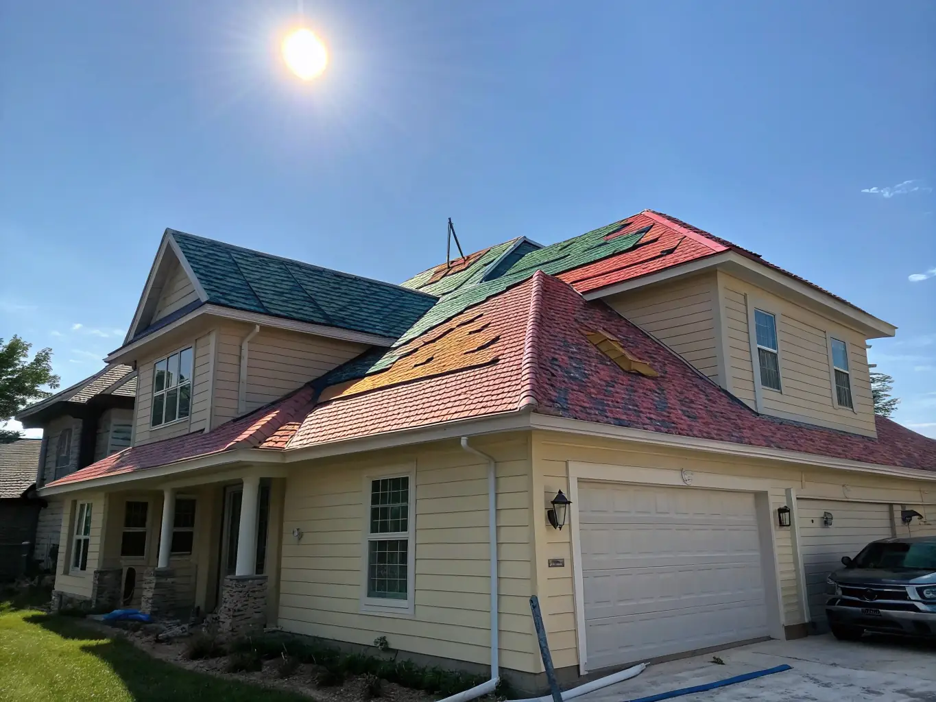A newly installed asphalt shingle roof on a residential home, showcasing clean lines and a durable finish, under a sunny sky.
