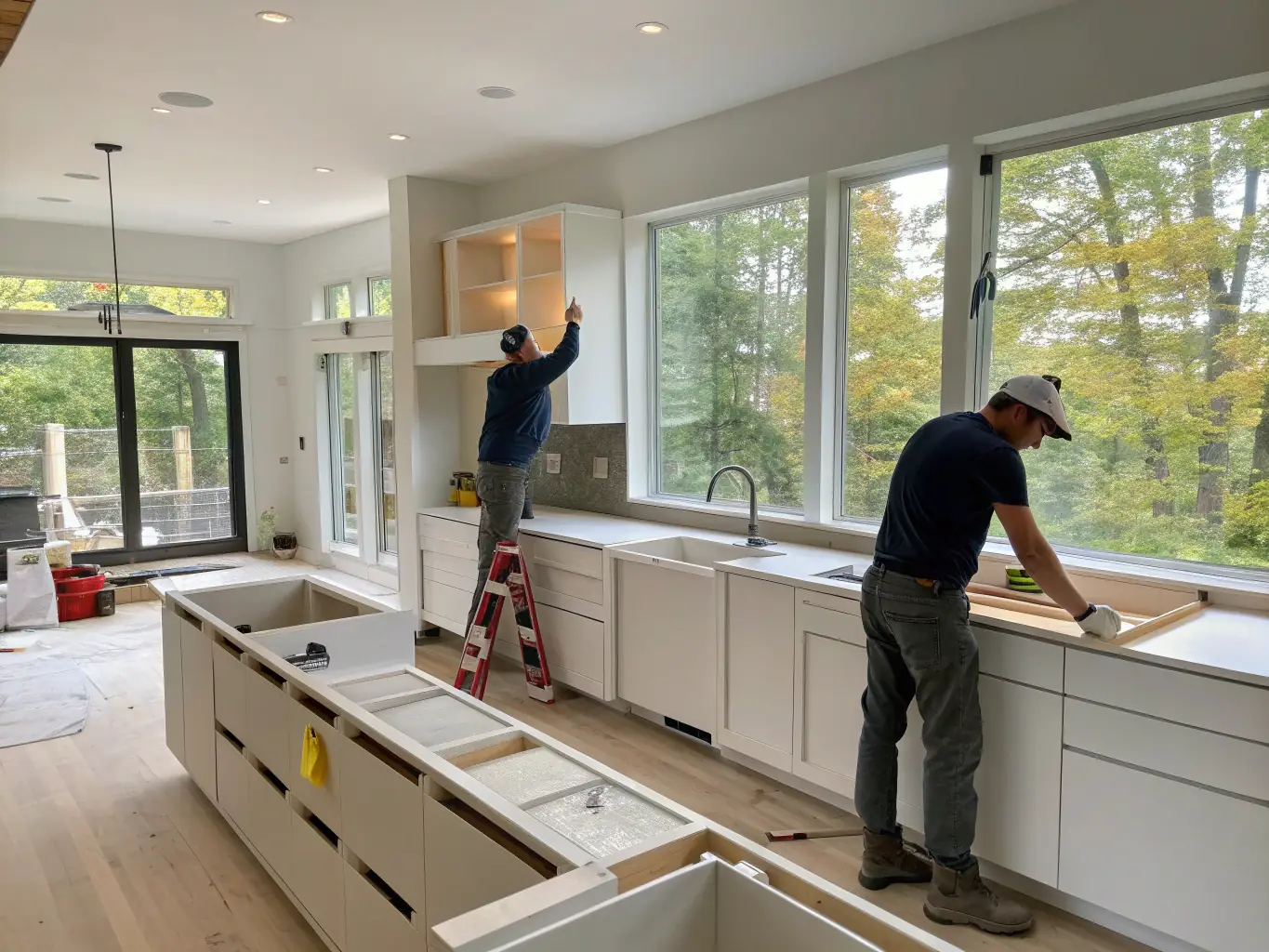 An image of a kitchen being remodeled, with new cabinets and countertops being installed. The scene should be bright and inviting, showcasing the potential for a beautiful and functional kitchen space.